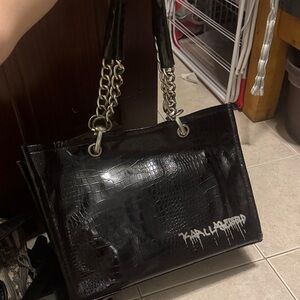 Karl Lagerfeld Black Croc-Embossed Tote with Chain Straps